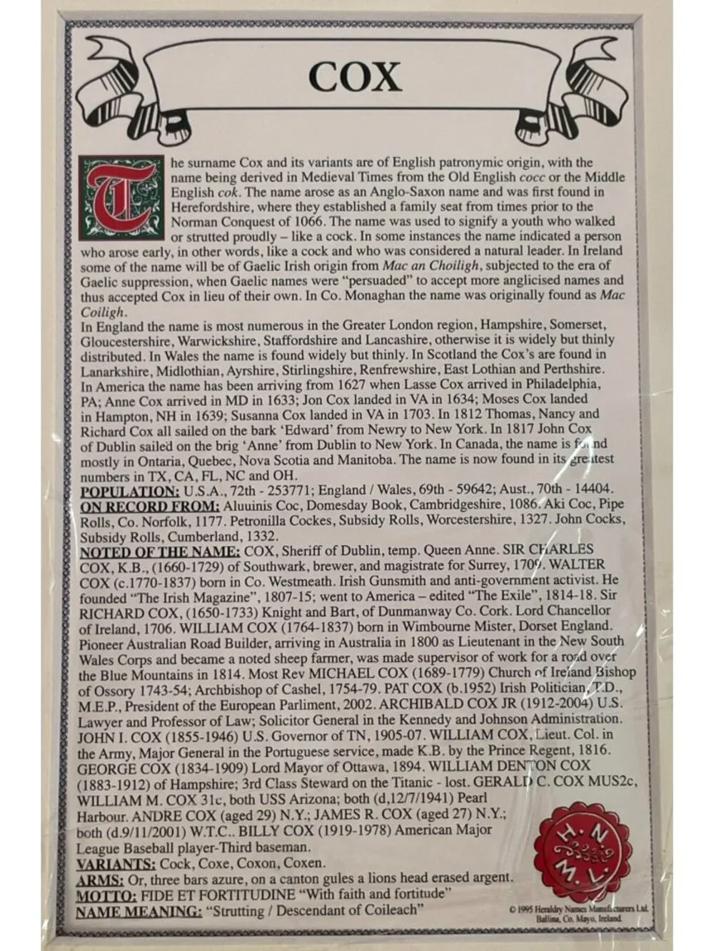 Cox Clan Aran & History Display Family Name History & Aran Knit Pattern Display